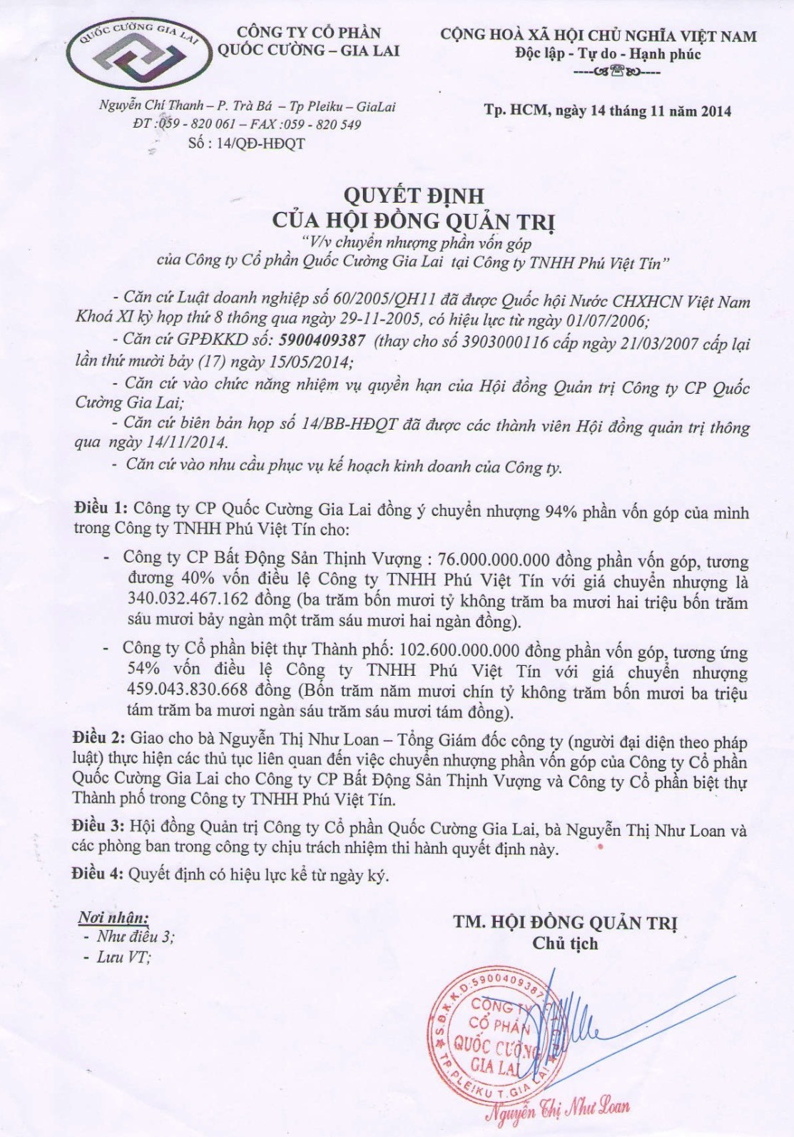 Quốc Cường Gia Lai thu về gần 800 tỷ đồng th&ocirc;ng qua việc b&aacute;n 94% phần vốn g&oacute;p của m&igrave;nh tại c&ocirc;ng ty Ph&uacute; Việt T&iacute;n.