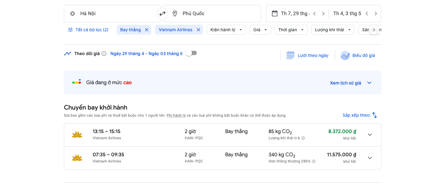 Mức gi&aacute; chặng bay khứ hồi H&agrave; Nội - Ph&uacute; Quốc v&agrave;o dịp lễ của Vietnam Airlines l&ecirc;n tới hơn 11,5 triệu đồng/v&eacute;.
