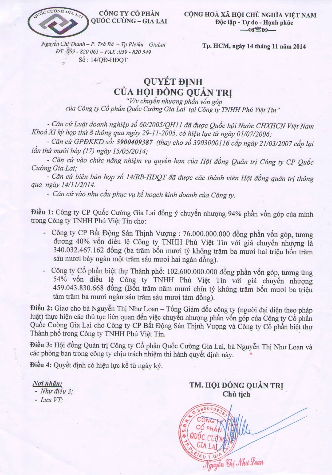 Quốc Cường Gia Lai thu về gần 800 tỷ đồng th&ocirc;ng qua việc b&aacute;n 94% phần vốn g&oacute;p của m&igrave;nh tại c&ocirc;ng ty Ph&uacute; Việt T&iacute;n.