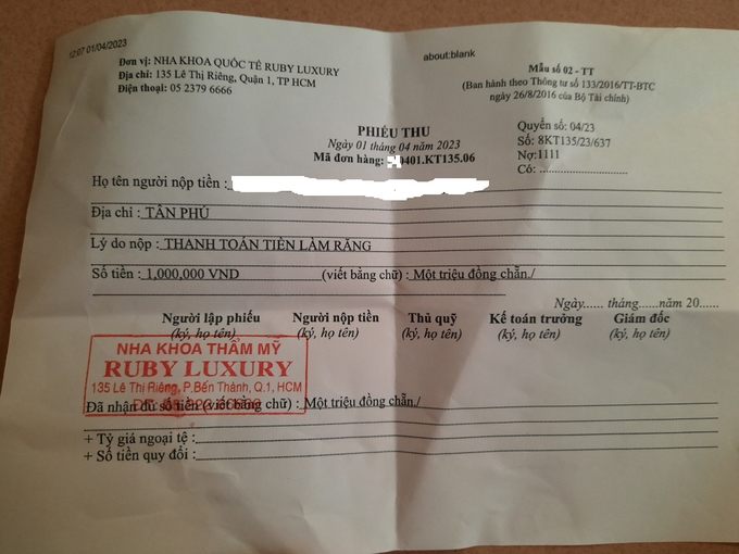 Phiếu thu tiền của nha khoa Ruby Luxury.