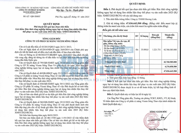 Quyết định số 40 về việc ph&ecirc; duyệt KQLCNT g&oacute;i R&aacute;c thải c&ocirc;ng nghiệp (năm 2023) do c&ocirc;ng ty Hương Linh tr&uacute;ng thầu với gi&aacute; hơn 47 tỷ đồng.