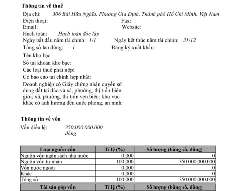 Thời điểm tăng vốn điều lệ l&ecirc;n 350 tỷ đồng. C&ocirc;ng ty c&oacute; tổng số lao động theo đăng k&yacute; thuế l&agrave; 1 người.