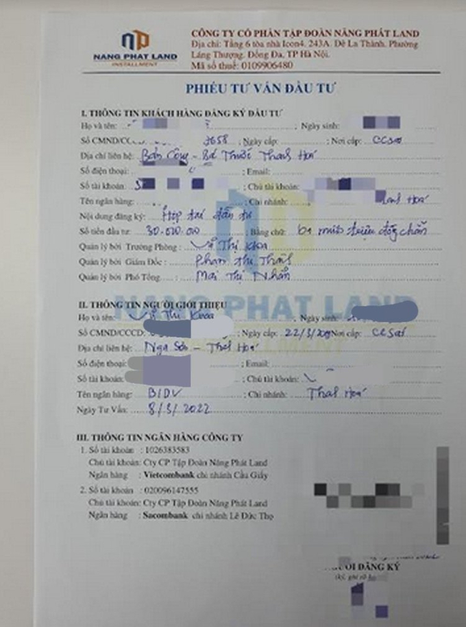 Phiếu đầu tư m&agrave; nh&oacute;m k&ecirc;u gọi ph&aacute;t cho kh&aacute;ch h&agrave;ng khi đến tham dự sự kiện của Năng Ph&aacute;t Land.