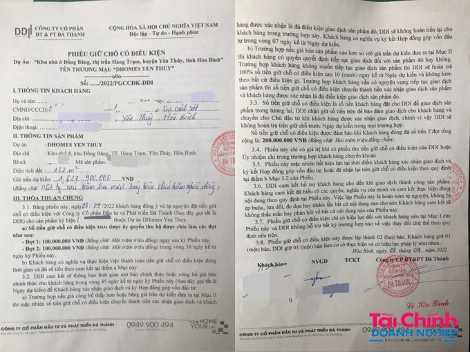 Phiếu giữ chỗ của C&ocirc;ng ty CP Đầu tư v&agrave; Ph&aacute;t triển Đ&agrave; Th&agrave;nh k&yacute; kết khi kh&aacute;ch h&agrave;ng "v&agrave;o tiền" đợt 2.