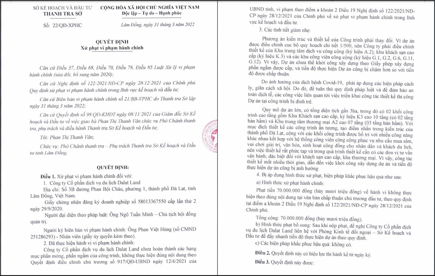 Quyết định xử phạt h&agrave;nh ch&iacute;nh đối với Dalat Land.