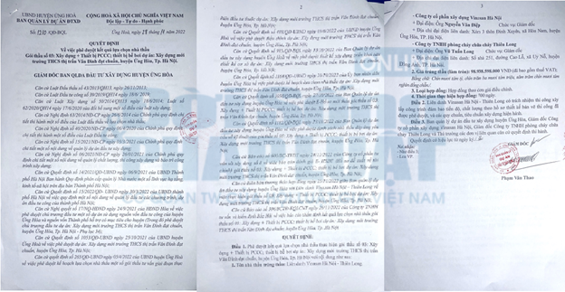 G&oacute;i thầu X&acirc;y dựng mới trường THCS Thị trấn V&acirc;n Đ&igrave;nh đạt chuẩn c&oacute; gi&aacute; trị 98.938.598.000 đồng m&agrave; li&ecirc;n danh Vinasan &ndash; c&ocirc;ng ty TNHH PCCC Thi&ecirc;n Long tại &ldquo;s&acirc;n nh&agrave;&rdquo;.