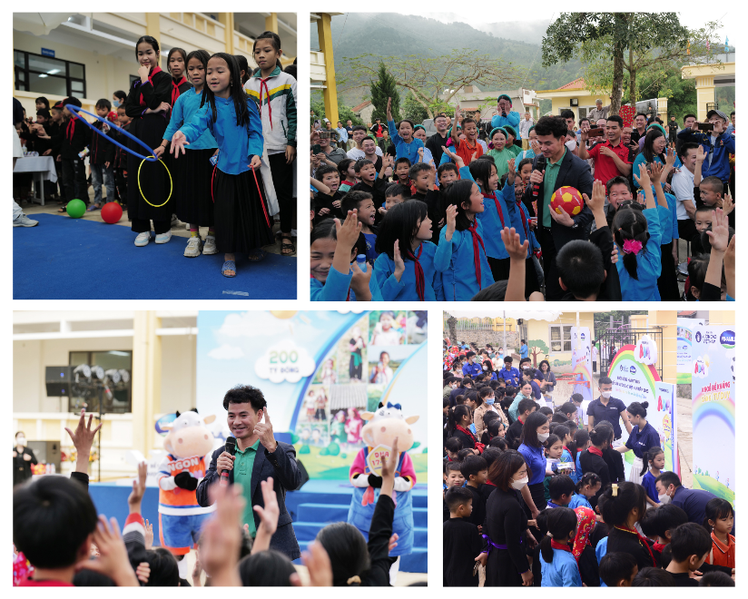 Tại sự kiện, c&aacute;c em nhỏ được giao lưu c&ugrave;ng NSƯT Xu&acirc;n Bắc v&agrave; tham gia nhiều c&aacute;c tr&ograve; chơi do nh&atilde;n h&agrave;ng sữa Vinamilk ADM đem đến