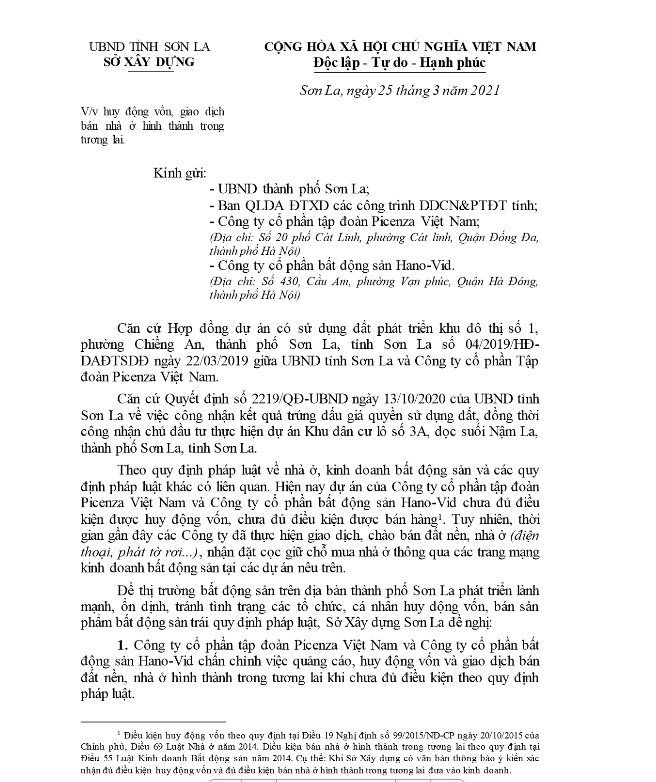 Sở X&acirc;y dựng Sơn La ban h&agrave;nh văn bản cảnh b&aacute;o Dự &aacute;n Picenza Riverside Sơn La chưa đủ điều kiện huy động vốn, giao dịch nh&agrave; ở h&igrave;nh th&agrave;nh trong tương lai.&nbsp;