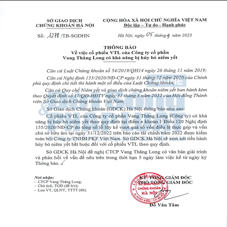 Th&ocirc;ng b&aacute;o số 1278/TB-SGDHN ng&agrave;y 5/4/2023 của HNX về việc cổ phiếu VTL c&oacute; khả năng bị hủy bỏ ni&ecirc;m yết.