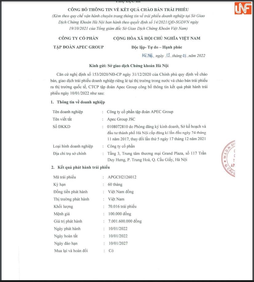 Một m&atilde; tr&aacute;i phiếu của Apec Group ph&aacute;t h&agrave;nh gần đ&acirc;y chỉ huy động được 7 tỷ đồng.&nbsp;