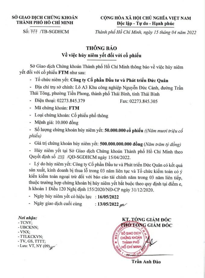 Lỗ 3 năm li&ecirc;n tiếp, 50 triệu cổ phiếu FTM sẽ huỷ ni&ecirc;m yết tr&ecirc;n HOSE từ 16/5/2022