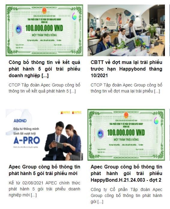 C&aacute;c th&ocirc;ng tin ph&aacute;t h&agrave;nh v&agrave; kết quả ph&aacute;t h&agrave;nh tr&aacute;i phiếu được Apec Group đăng tr&ecirc;n website.