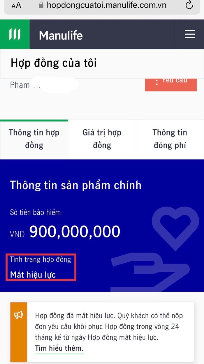 Th&ocirc;ng tin tra tr&ecirc;n website: Hopdongcuatoi.manulife.com.vn, hợp đồng Mất hiệu lực. Ảnh NVCC