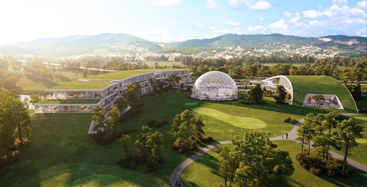 Phối cảnh t&ograve;a nh&agrave; c&acirc;u lạc bộ golf b&ecirc;n trong s&acirc;n golf Đồi C&ugrave;.