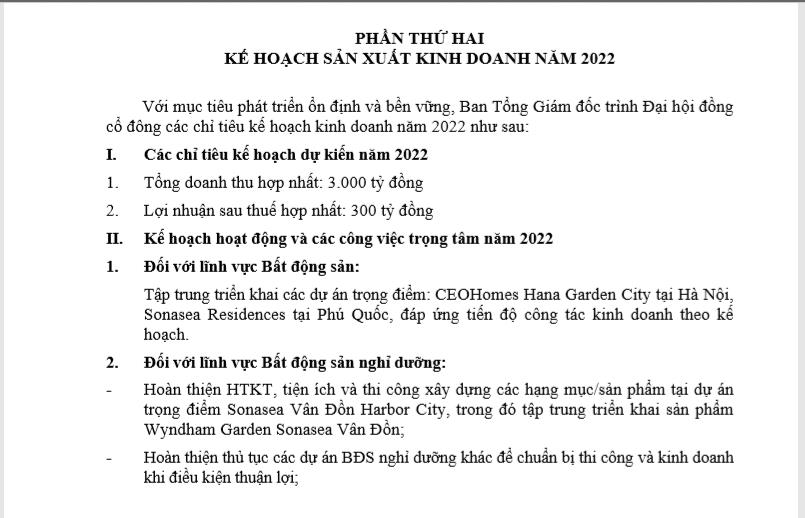 Kế hoạch kinh doanh của CEO Group năm 2022. Nguồn: T&agrave;i liệu ĐHĐCĐ CEO Group năm 2022.&nbsp;