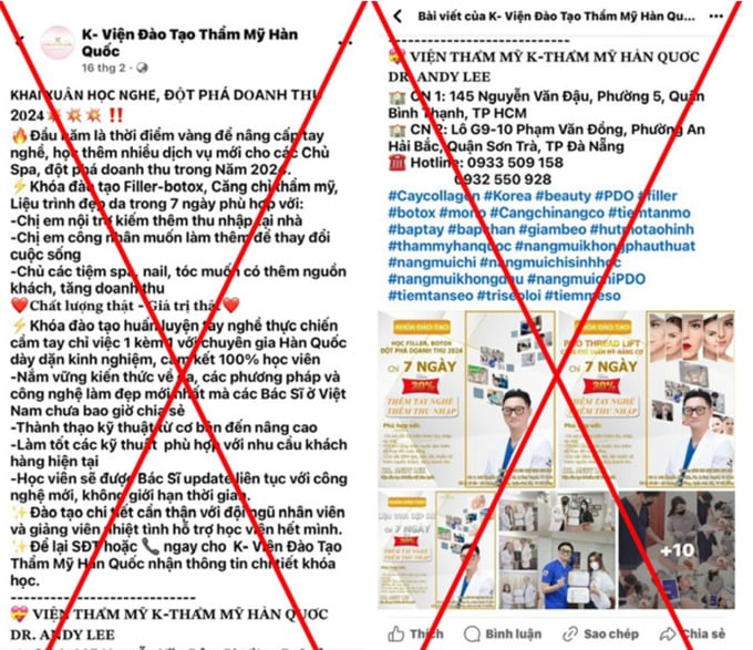 Th&ocirc;ng tin quảng c&aacute;o tr&aacute;i ph&eacute;p của K - Viện đ&agrave;o tạo thẩm mỹ H&agrave;n Quốc c&oacute; t&ecirc;n b&aacute;c sĩ Andy Lee tại địa chỉ 145 Nguyễn Văn Đậu, phường 5, quận B&igrave;nh Thạnh, Tp.HCM (ảnh Sở Y tế Tp.HCM)