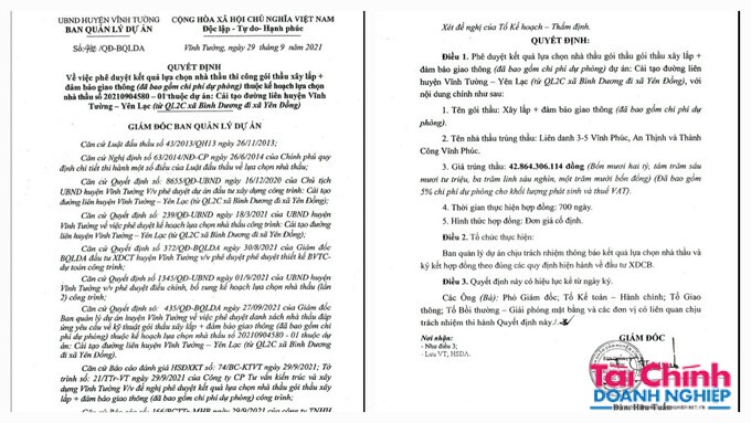 Quyết định ph&ecirc; duyệt kết quả lựa chọn nh&agrave; thầu thi c&ocirc;ng của BQLDA huyện Vĩnh Tường.