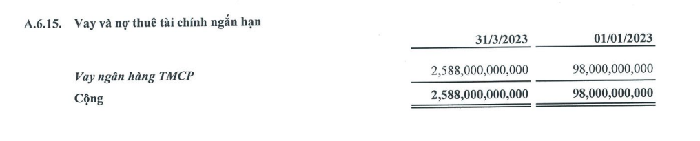 Khoản vay ngắn hạn&nbsp;2.588 tỷ đồng tại &ldquo;một ng&acirc;n h&agrave;ng TMCP&rdquo;, tăng hơn 26 lần so với con số 98 tỷ đồng v&agrave;o đầu năm.