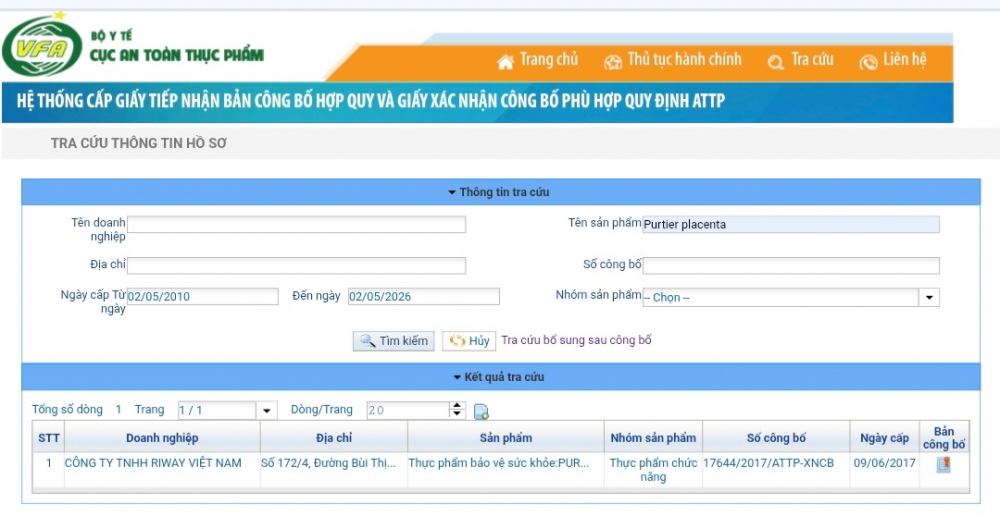 Kết quả tra cứu tr&ecirc;n hệ thống của Cục An to&agrave;n thực phẩm kh&ocirc;ng ghi nhận bất kỳ hồ sơ gia hạn n&agrave;o&nbsp;