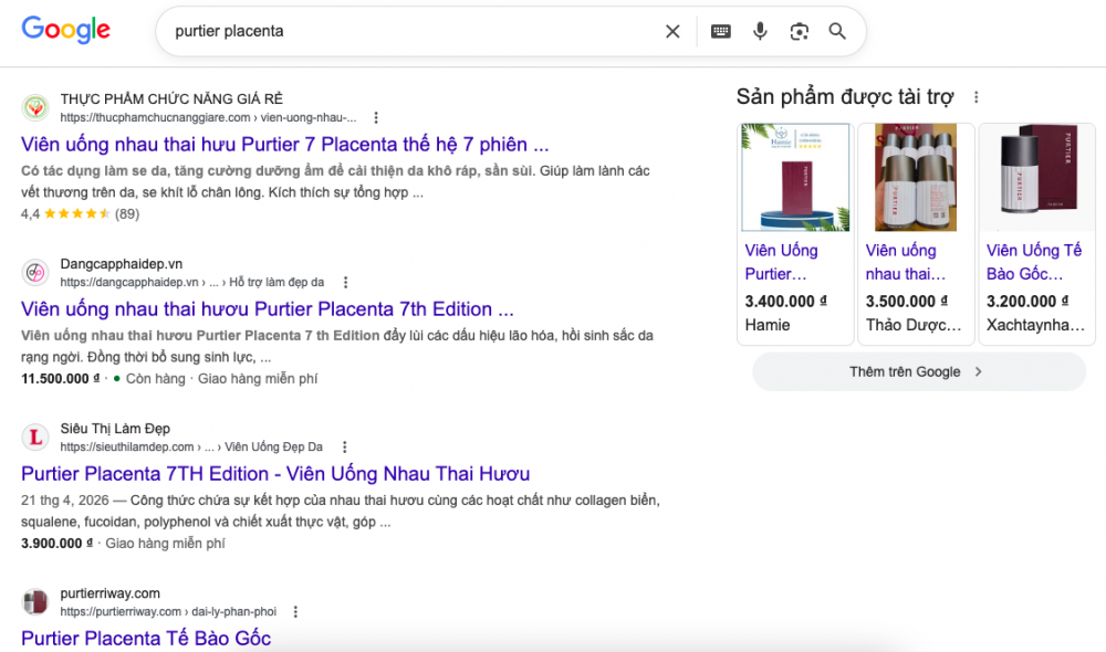 Kết quả t&igrave;m kiếm sản phẩm Purtier Placenta tr&ecirc;n Google&nbsp;