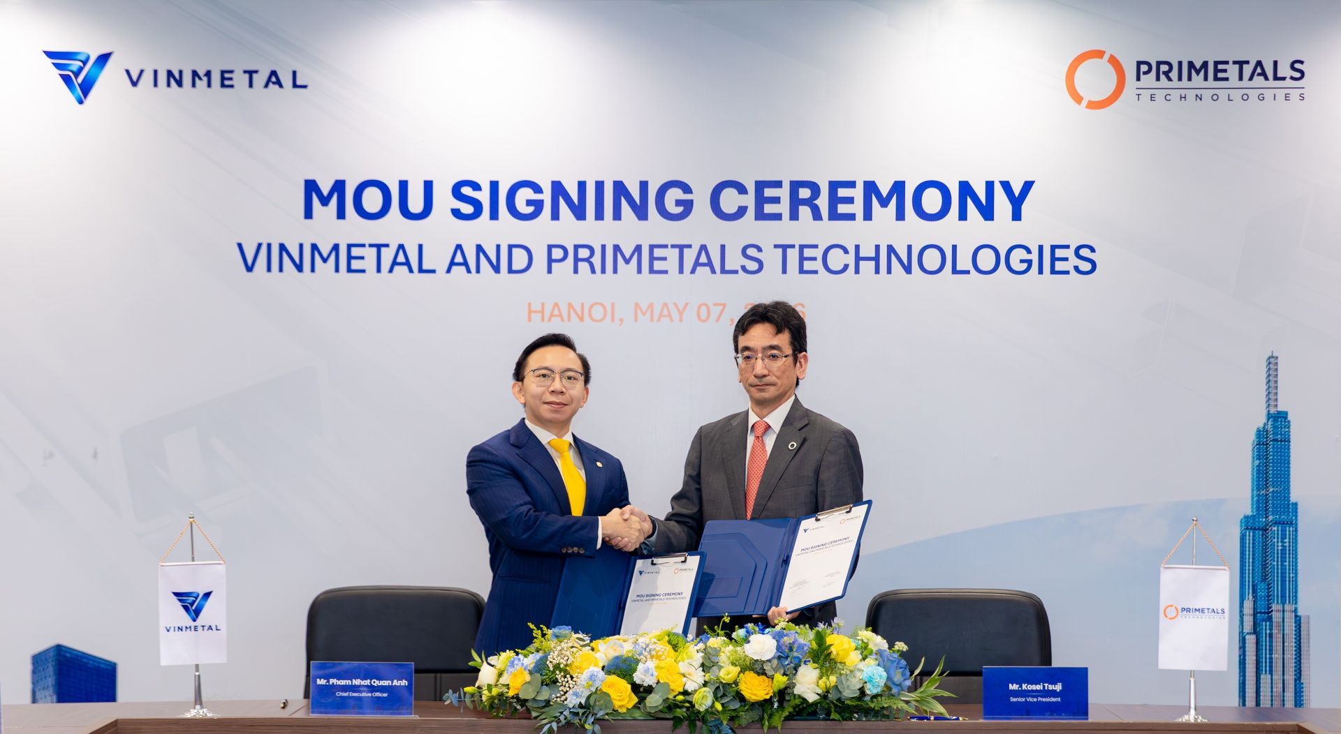 &Ocirc;ng Phạm Nhật Qu&acirc;n Anh - Tổng gi&aacute;m đốc C&ocirc;ng ty VinMetal v&agrave; &ocirc;ng Kosei Tsuji - Ph&oacute; Chủ tịch điều h&agrave;nh Primetals Technologies k&yacute; kết thỏa thuận hợp t&aacute;c