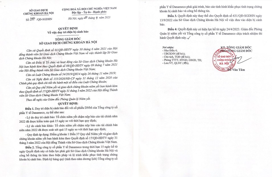Chứng kho&aacute;n&nbsp;C&ocirc;ng ty Cổ phần Y tế Danameco bị cảnh b&aacute;o.