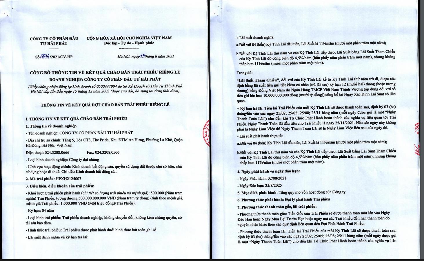 Một l&ocirc; tr&aacute;i phiếu 500 tỷ của HPX. Nguồn: HNX.