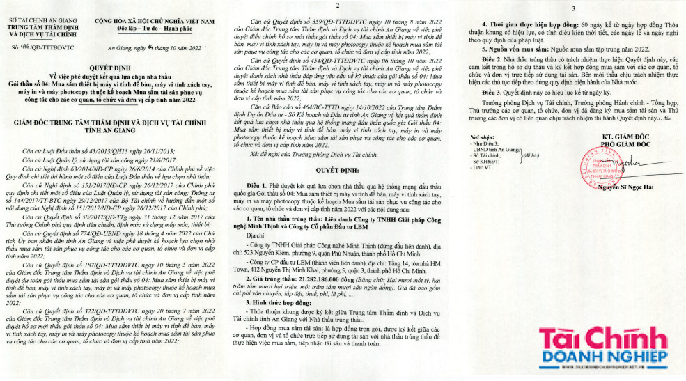 Quyết định ph&ecirc; duyệt kết quả lựa chọn nh&agrave; thầu cho g&oacute;i thầu Mua sắm thiết bị m&aacute;y t&iacute;nh để b&agrave;n, m&aacute;y t&iacute;nh x&aacute;ch tay, m&aacute;y in v&agrave; m&aacute;y photocopy thuộc kế hoạch Mua sắm t&agrave;i sản phục vụ c&ocirc;ng t&aacute;c cho c&aacute;c cơ quan, tổ chức đơn vụ cấp tỉnh năm 2022.