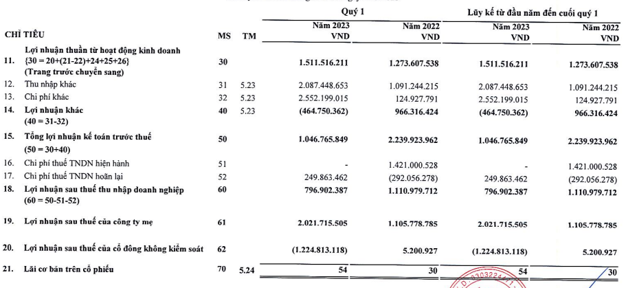 Kết quả kinh doanh qu&yacute; I/2023&nbsp;C&ocirc;ng ty Cồ phần tập đo&agrave;n Dầu kh&iacute; Anpha.