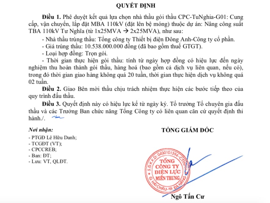 Khởi động th&aacute;ng 5/2024, nh&agrave; thầu C&ocirc;ng ty Điện Đ&ocirc;ng Anh tiếp tục tr&uacute;ng thầu g&oacute;i thầu từ Tổng c&ocirc;ng ty Điện lực Miền Trung, v&oacute;i gi&aacute; tr&uacute;ng thầu hơn 10,53 tỷ đồng