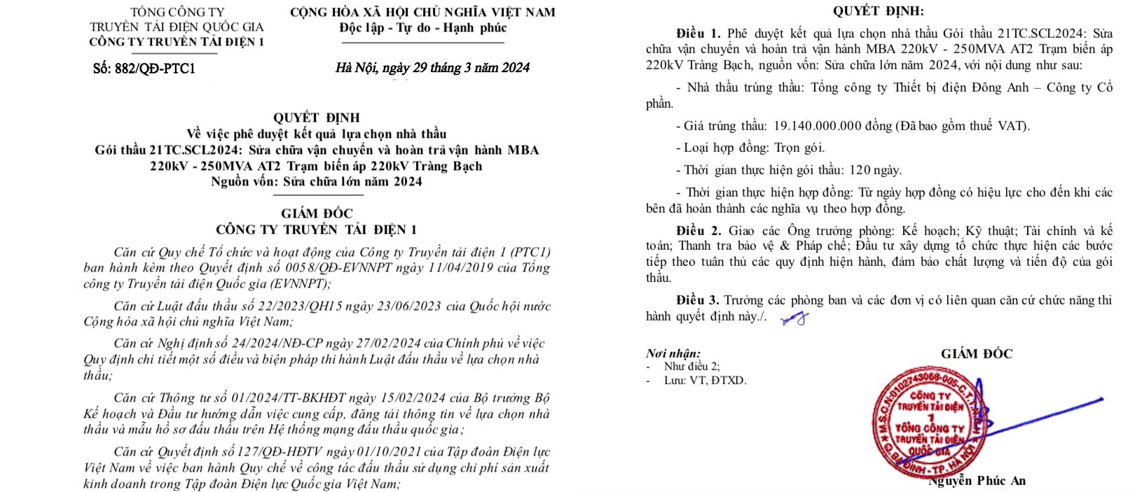 C&ocirc;ng ty Điện Đ&ocirc;ng Anh một m&igrave;nh tr&uacute;ng g&oacute;i thầu từ C&ocirc;ng ty truyền tải Điện 1, Tổng c&ocirc;ng ty Truyền tải điện Quốc gia