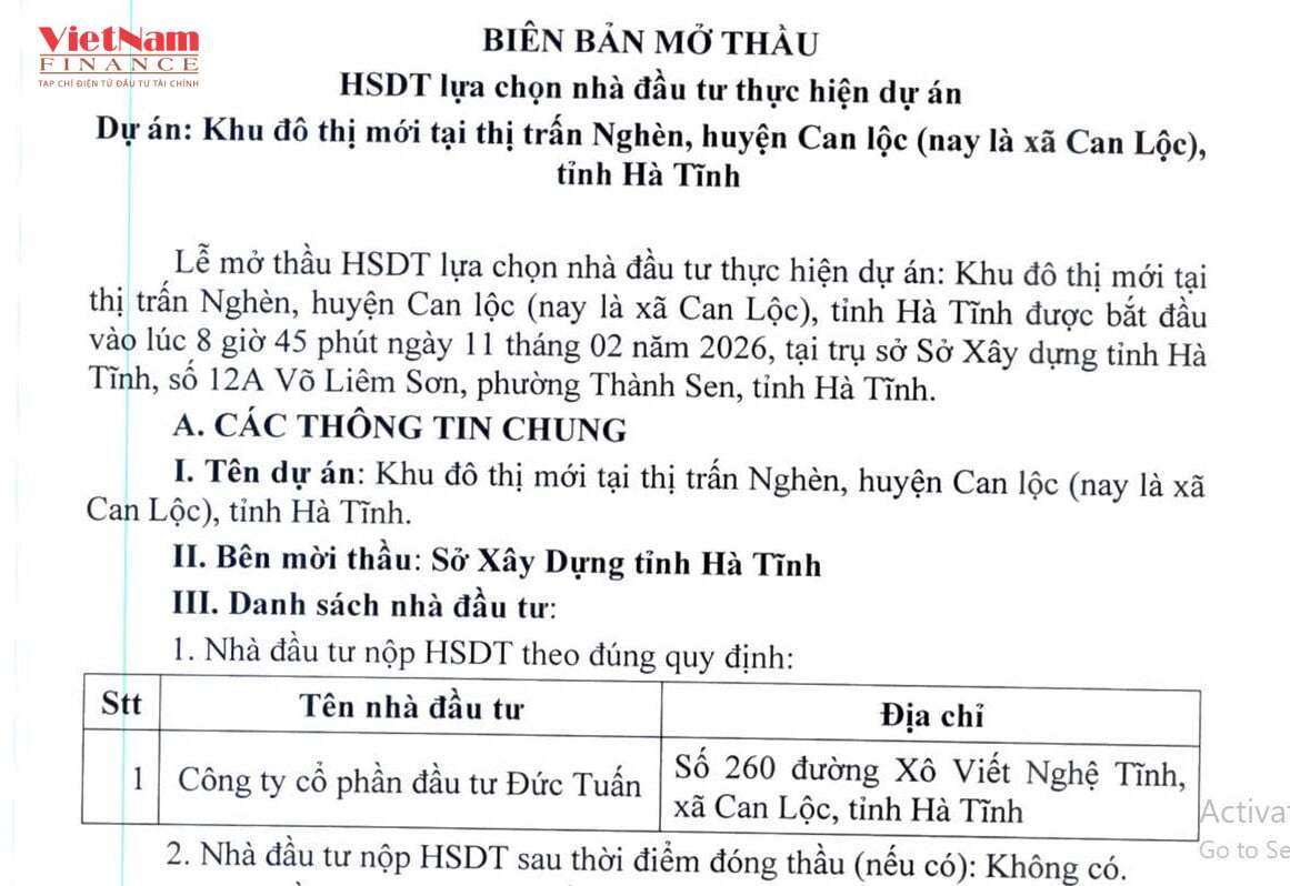 Qu&aacute; tr&igrave;nh mời gọi nh&agrave; đầu tư đăng k&yacute; thực hiện dự &aacute;n,&nbsp;C&ocirc;ng ty Cổ phần Đầu tư Đức Tuấn l&agrave; nh&agrave; đầu tư duy nhất nộp hồ sơ đăng k&yacute; thực hiện dự &aacute;n v&agrave; được lựa chọn thực hiện dự &aacute;n.