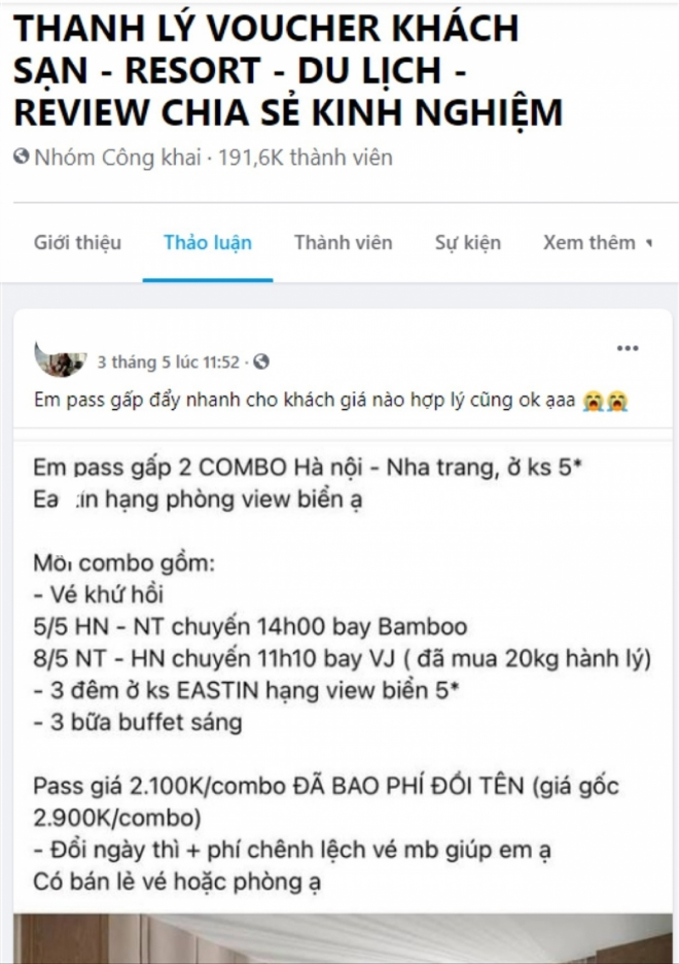 Nhiều voucher nghỉ dưỡng, combo du lịch gi&aacute; rẻ được đăng b&aacute;n tr&ecirc;n mạng x&atilde; hội. Ảnh: Chụp m&agrave;n h&igrave;nh.
