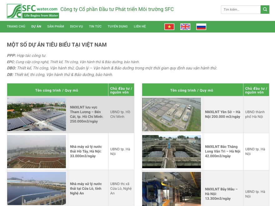 Một số dự &aacute;n ti&ecirc;u biểu của C&ocirc;ng ty cổ phần Đầu tư ph&aacute;t triển M&ocirc;i trường SFC (SFC Water).