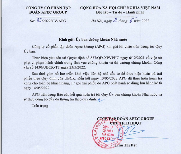 Th&ocirc;ng b&aacute;o m&agrave;&nbsp;APEC Group ph&aacute;t đi về việc thực hiện ho&agrave;n trả trước hạn to&agrave;n bộ tiền mua tr&aacute;i phiếu cho c&aacute;c nh&agrave; đầu tư.