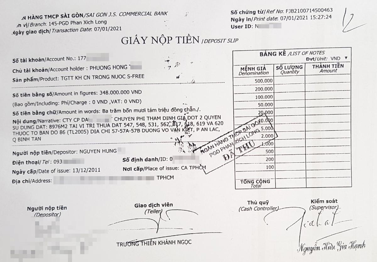 Giấy nộp tiền của kh&aacute;ch h&agrave;ng tại Ng&acirc;n h&agrave;ng SCB. &nbsp;