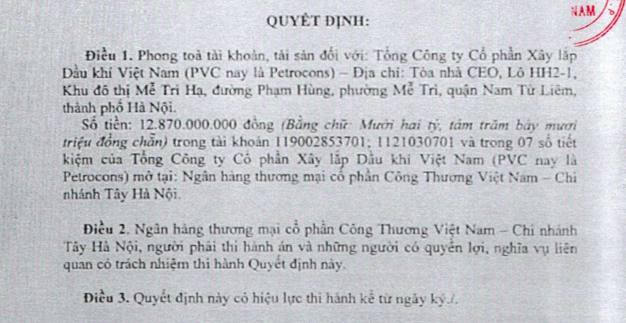 Quyết định của Cục Thi h&agrave;nh &aacute;n d&acirc;n sự Tp.H&agrave; Nội về việc phong toả tiền gửi trong t&agrave;i khoản của Petrocons tại Vietinbank (Ảnh:&nbsp;Petrocons).