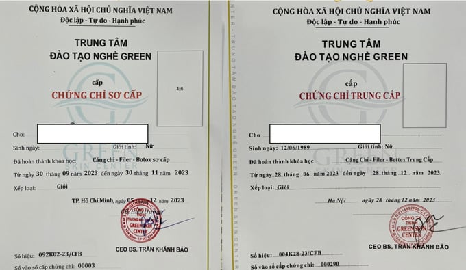 H&igrave;nh ảnh mẫu Chứng chỉ tham gia kh&oacute;a học do C&ocirc;ng ty TNHH TM DV Green Skin Center v&agrave; C&ocirc;ng ty TNHH Green Skin Center cấp học vi&ecirc;n (14/05/2024) (ảnh Sở Y tế Tp.HCM).