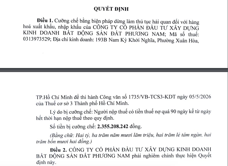 C&ocirc;ng ty cổ phần Đầu tư x&acirc;y dựng kinh doanh Bất động sản Phương Nam bị cưỡng chế dừng l&agrave;m thủ tục hải quan v&igrave; nợ thuế hơn 2,35 tỷ đồng.