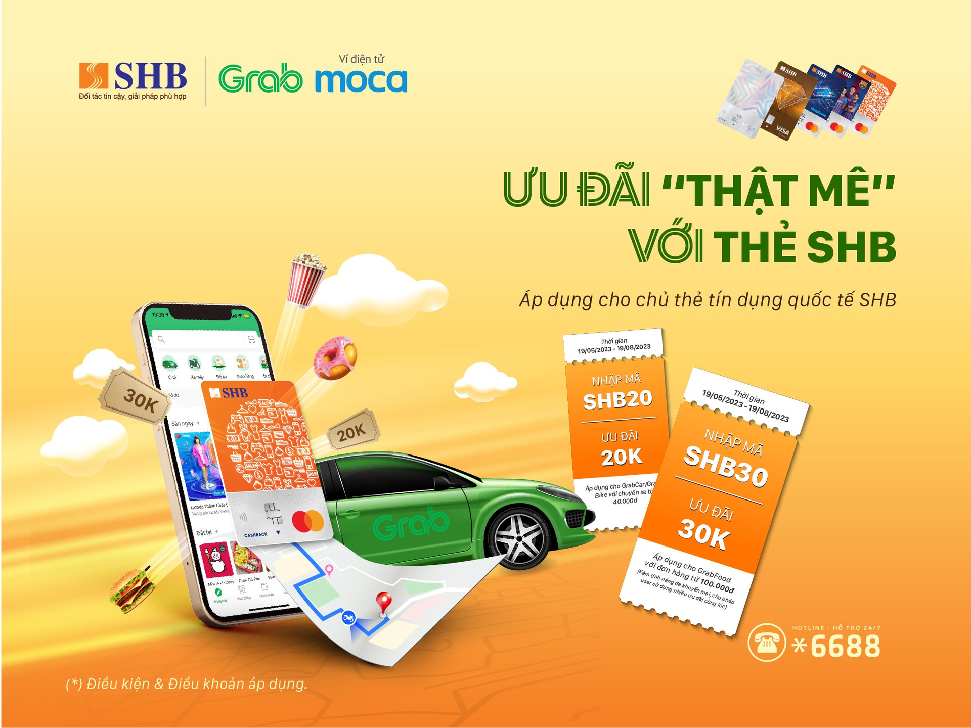Chủ thẻ t&iacute;n dụng quốc tế SHB khi thanh to&aacute;n c&aacute;c dịch vụ Grab sẽ nhận được m&atilde; giảm gi&aacute; GrabFood v&agrave; GrabCar/Bike.