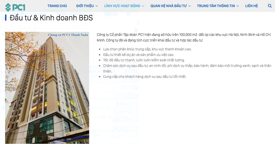 Tập đo&agrave;n PC1 hoạt động trong nhiều lĩnh vực, trong đ&oacute; c&oacute; cả mảng bất động sản