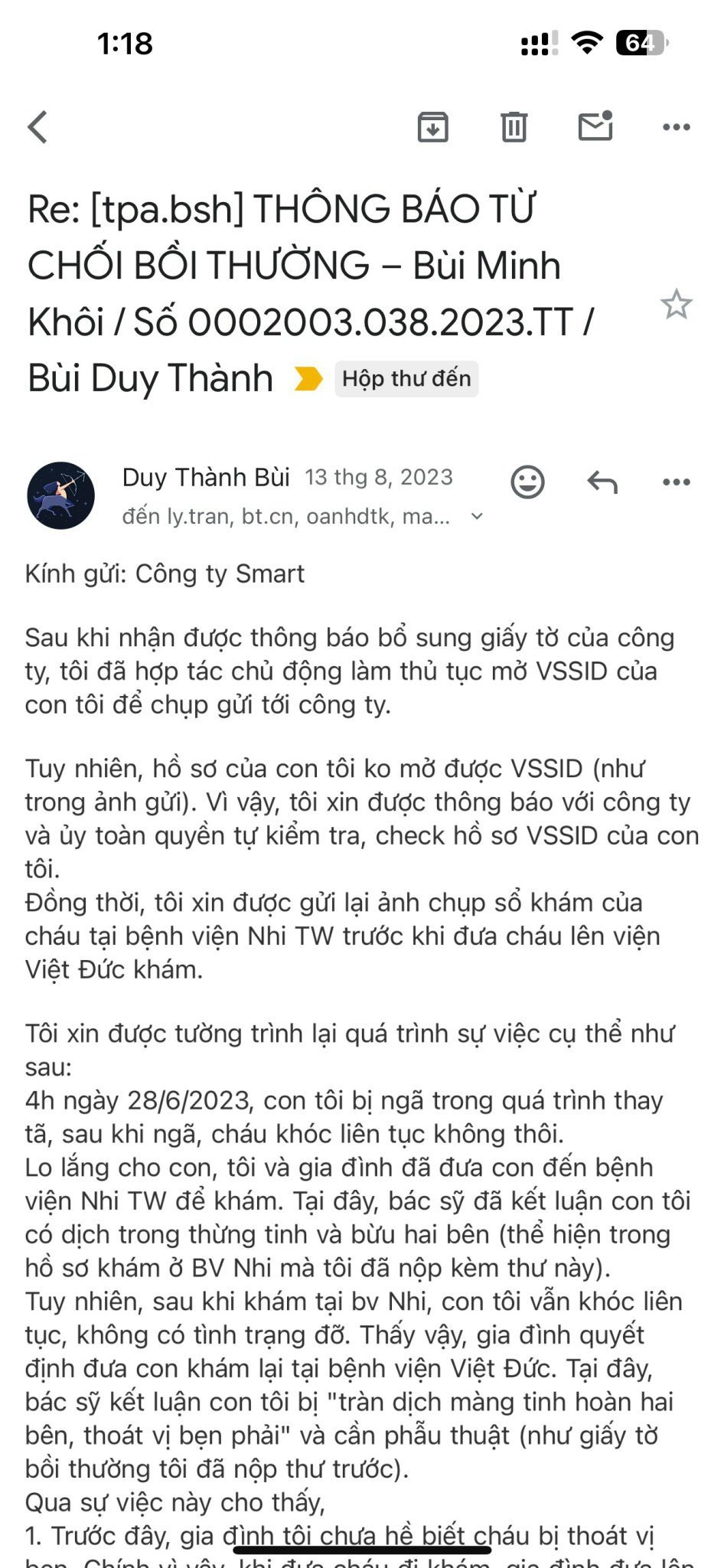 Thư phản hồi bổ sung giấy tờ của anh Th&agrave;nh với BSH. Ảnh: NVCC
