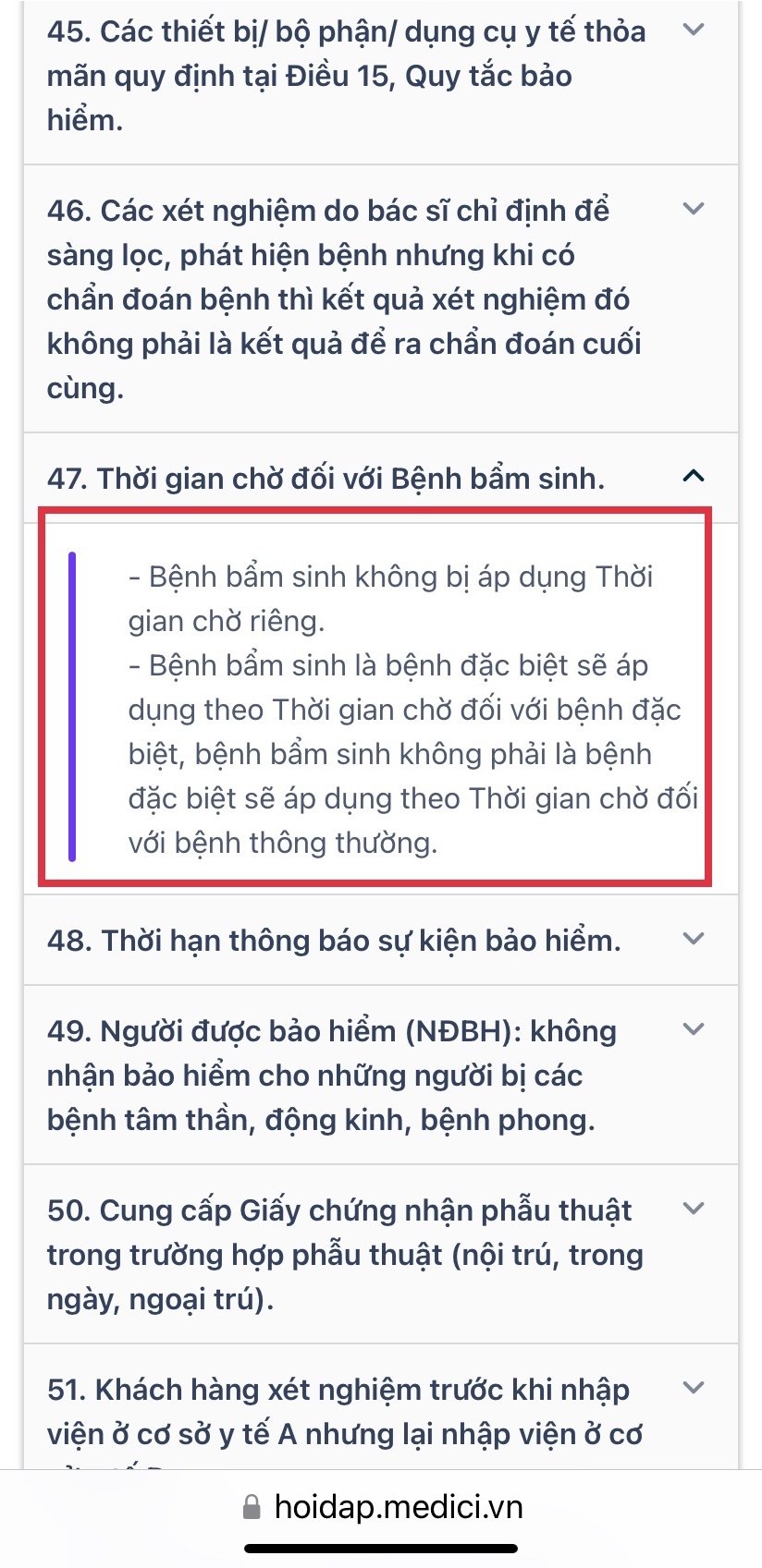Trong t&agrave;i liệu hỏi đ&aacute;p của b&ecirc;n M&ocirc;i giới Medici (đơn vị ph&acirc;n phối độc quyền Mu&ocirc;n sắc Y&ecirc;u thương cho BSH) c&oacute; quy định r&otilde;: Thời gian chờ đối với Bệnh bẩm sinh. Ảnh: NVCC