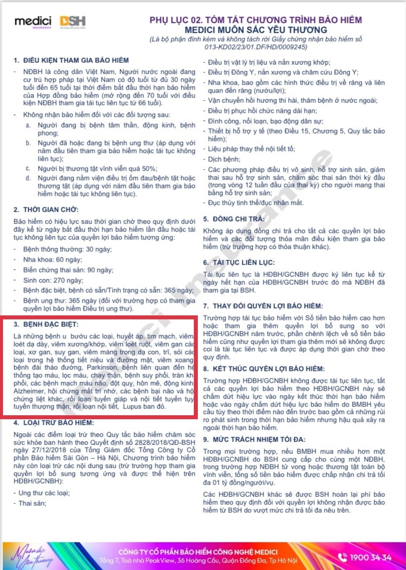 Trong Giấy chứng nhận Bảo hiểm được cấp bởi Medici, danh s&aacute;ch bệnh đặc biệt phải chờ 365 ng&agrave;y kh&ocirc;ng c&oacute; bệnh tho&aacute;t vị bẹn. Ảnh: NVCC