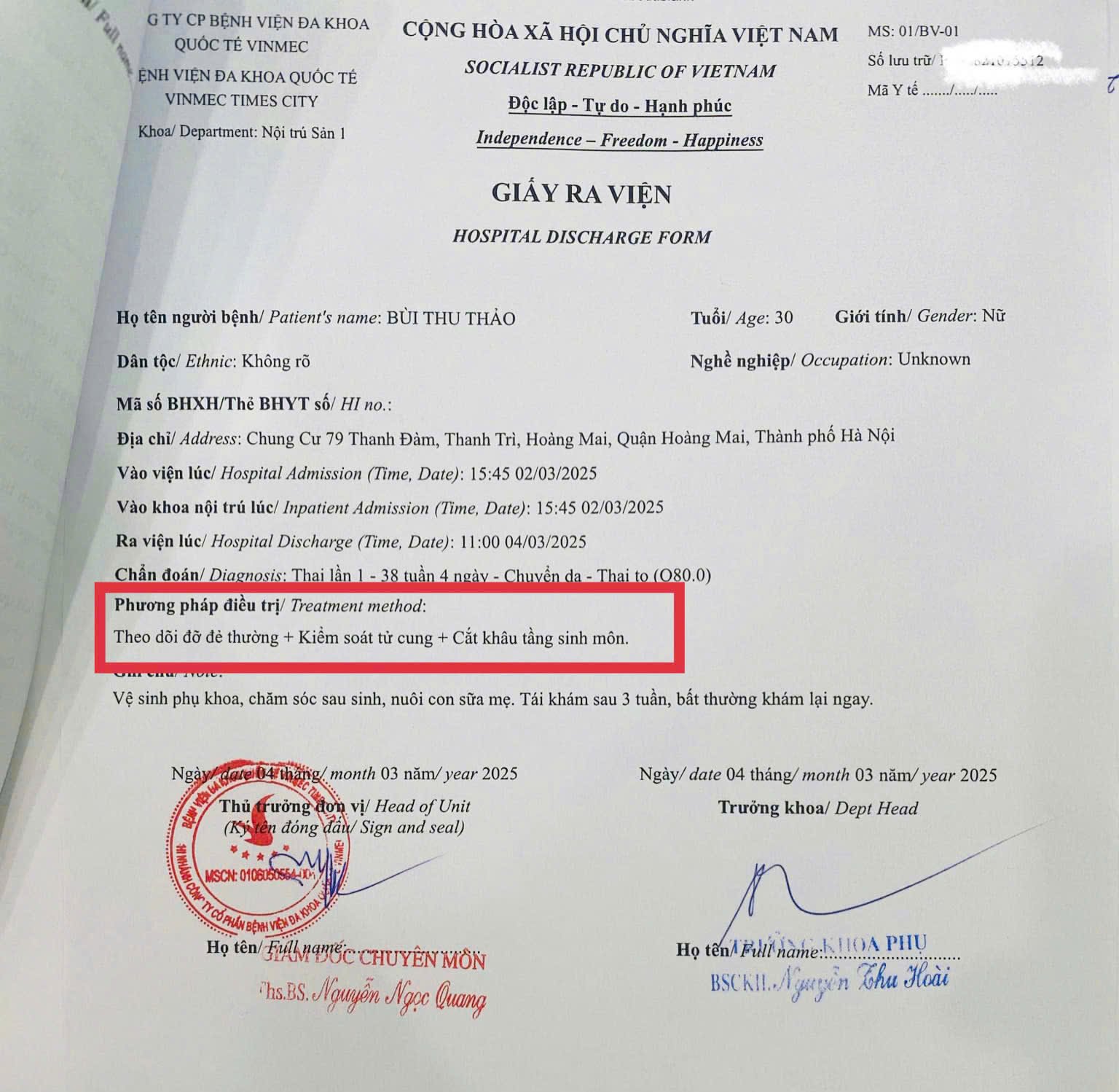 Giấy ra viện của chị Thảo ghi r&otilde;: Đẻ thường + Cắt kh&acirc;u tầng sinh m&ocirc;n, thoả điều kiện của hợp đồng bảo hiểm. Ảnh: NVCC