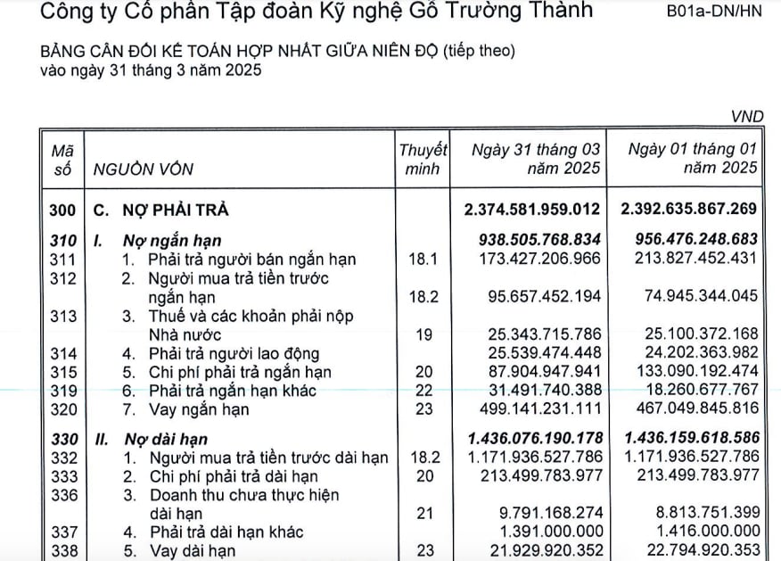 Gỗ Trường Th&agrave;nh c&oacute; nợ phải trả đến cuối qu&yacute; II/2025 l&agrave; gần 2.400 tỷ đồng&nbsp;