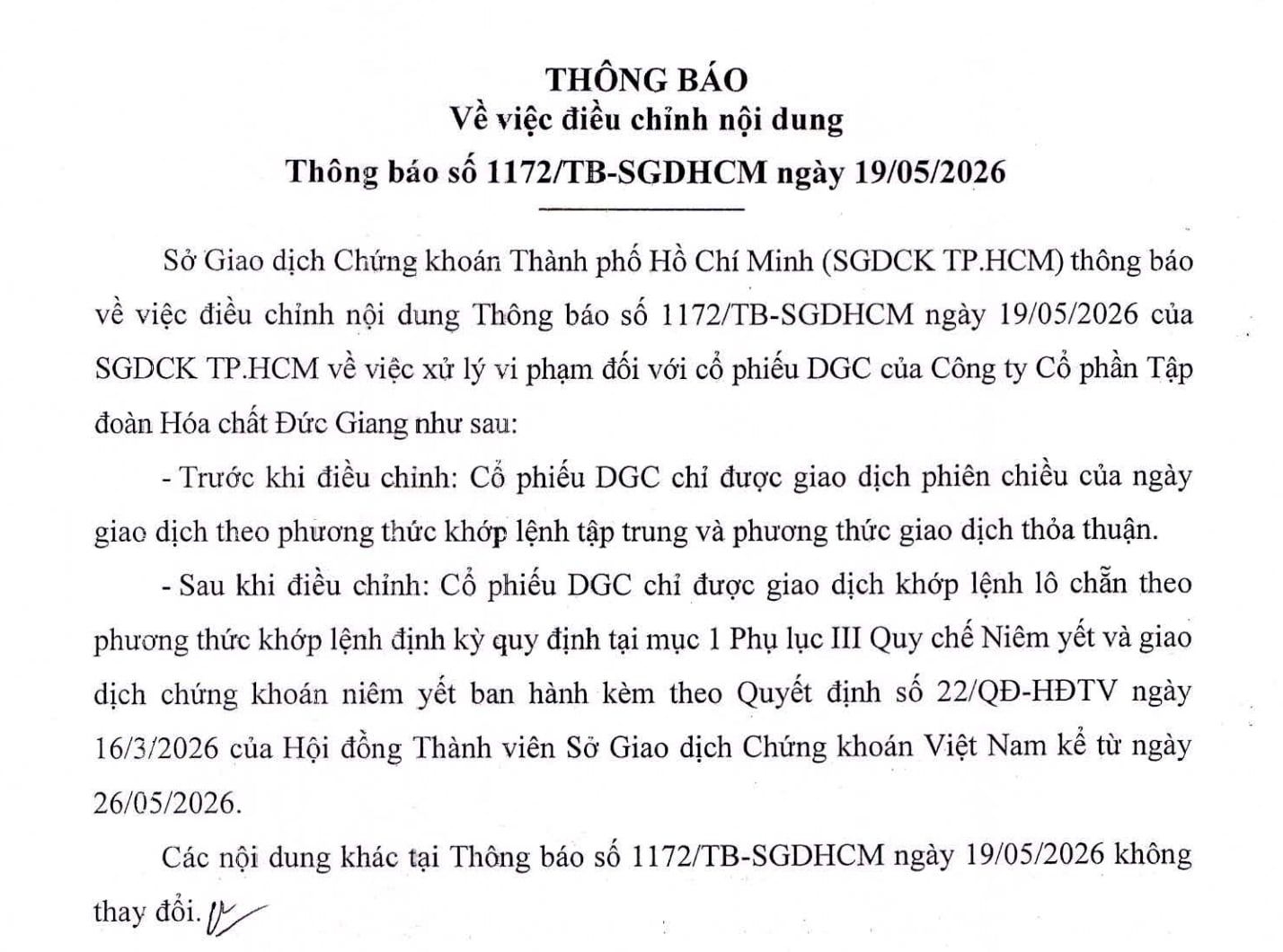 Quyết định điều chỉnh của HoSE.