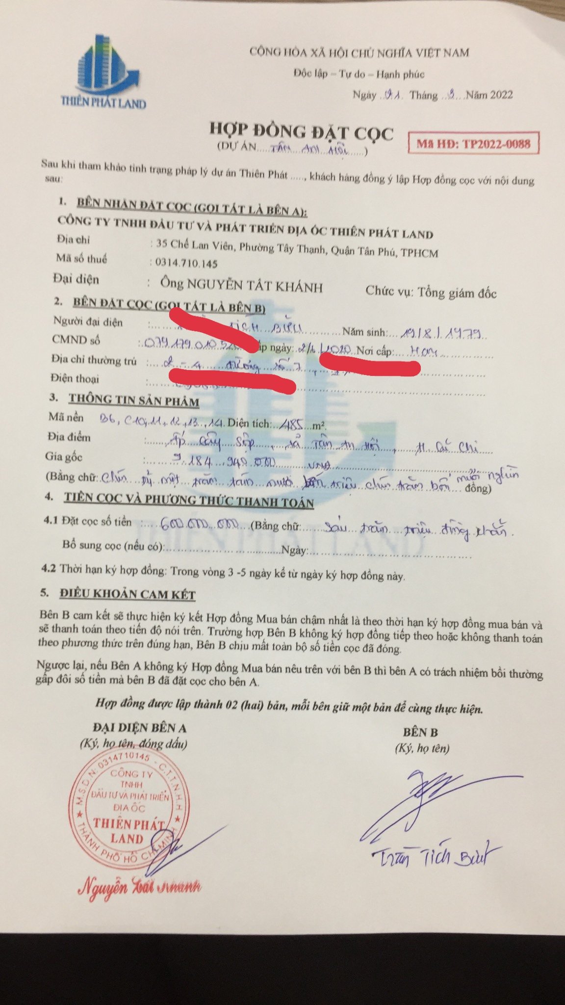 C&ocirc;ng ty Thi&ecirc;n Ph&aacute;t Land thu tiền của nhiều kh&aacute;ch h&agrave;ng l&ecirc;n đến h&agrave;ng chục tỷ đồng nhưng cơ quan chức năng kh&ocirc;ng hề hay biết.