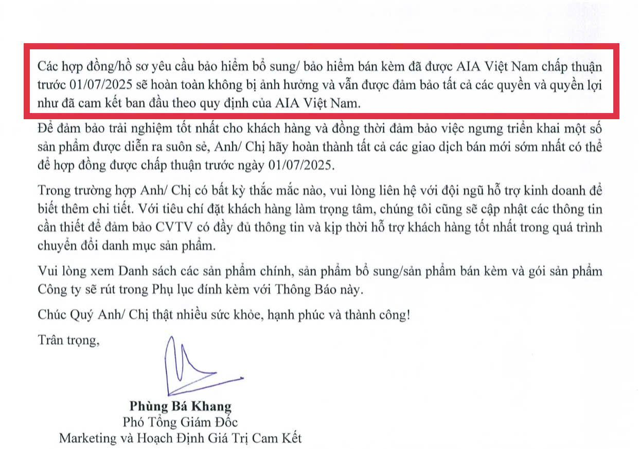 Th&ocirc;ng b&aacute;o của AIA n&ecirc;u rất r&otilde;, quyền lợi của c&aacute;c hợp đồng đ&atilde; được chấp thuận trước 1/7 sẽ kh&ocirc;ng bị ảnh hưởng v&agrave; được đảm bảo tất cả quyền lợi
