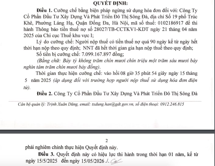 Quyết định cưỡng chế đối với&nbsp;CTCP Đầu tư x&acirc;y dựng v&agrave; Ph&aacute;t triển đ&ocirc; thị S&ocirc;ng Đ&agrave;